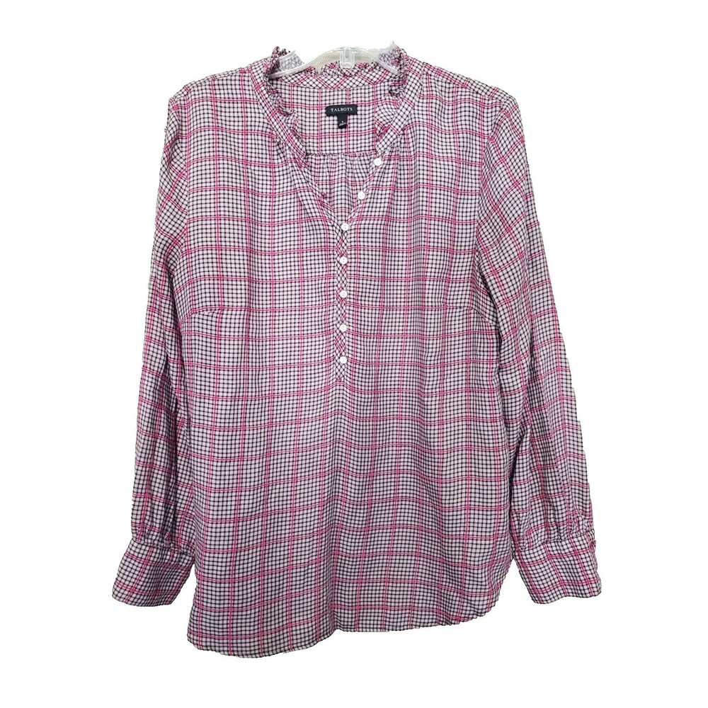 Talbots Tencel/Cotton Plaid Ruffle Collar Long Sleeve Henley Popover Size Large